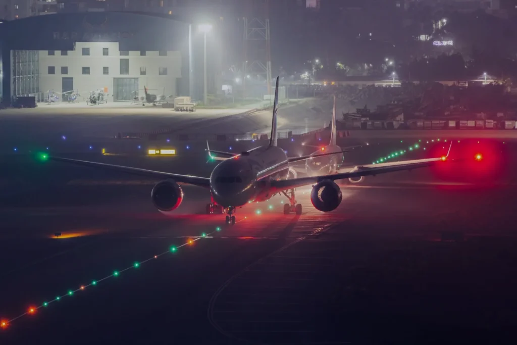 Aircraft taxiing at night for a charter departure