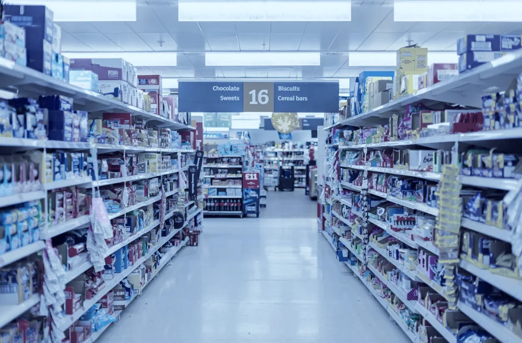 Supermarket aisle stocked with consumer products